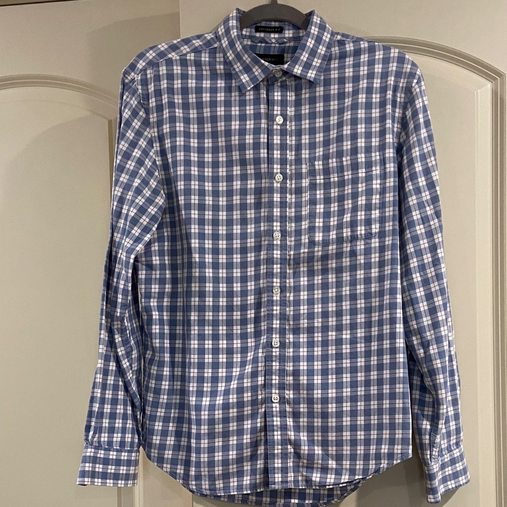 Banana Republic Men’s Medium Blue, White & Brownish/orange Plaid Button-Down